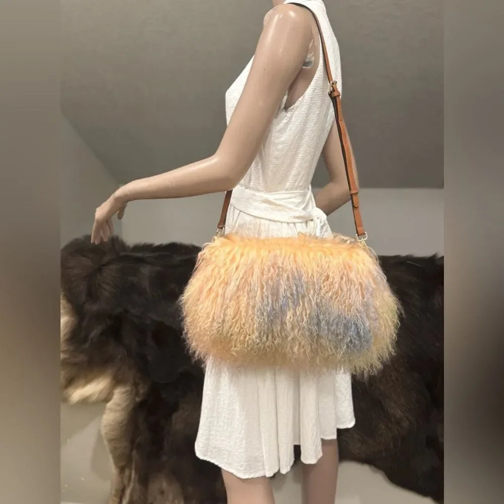 Colorful Real Mongolian Lamb Fur Handmade Boho Style, Fold Over Flap Handbag